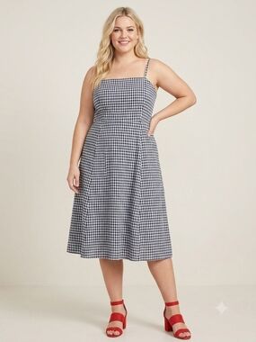 Size 16 GAP Navy & White Gingham Square-Neck Midi Dress